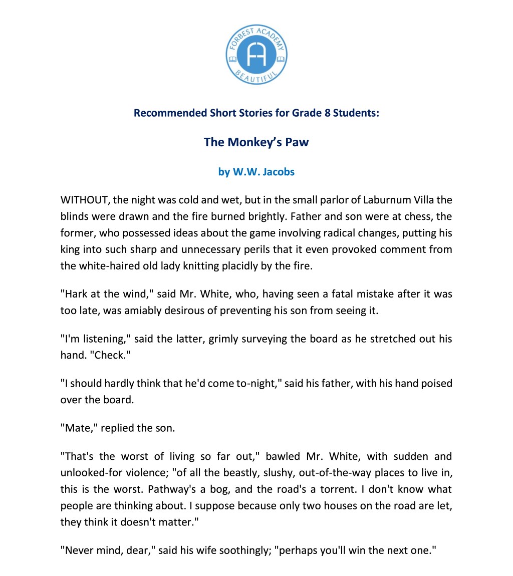 Picture of: Grade  English: Short Story “The Monkey&#;s Paw” – Grade