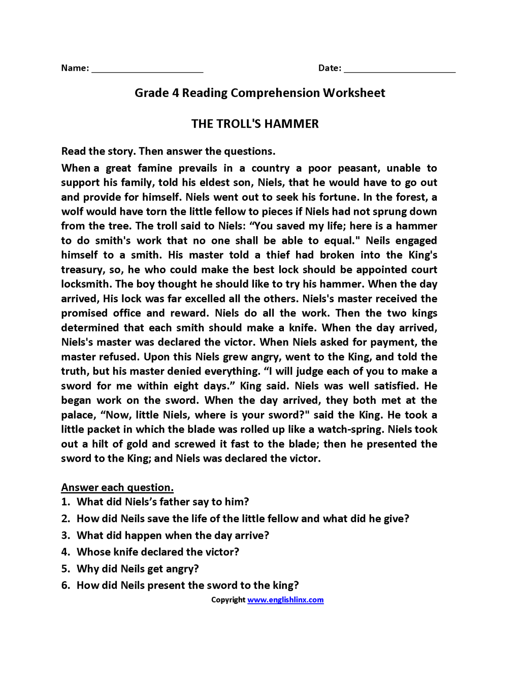 Picture of: Reading Worksheets  Fourth Grade Reading Worksheets